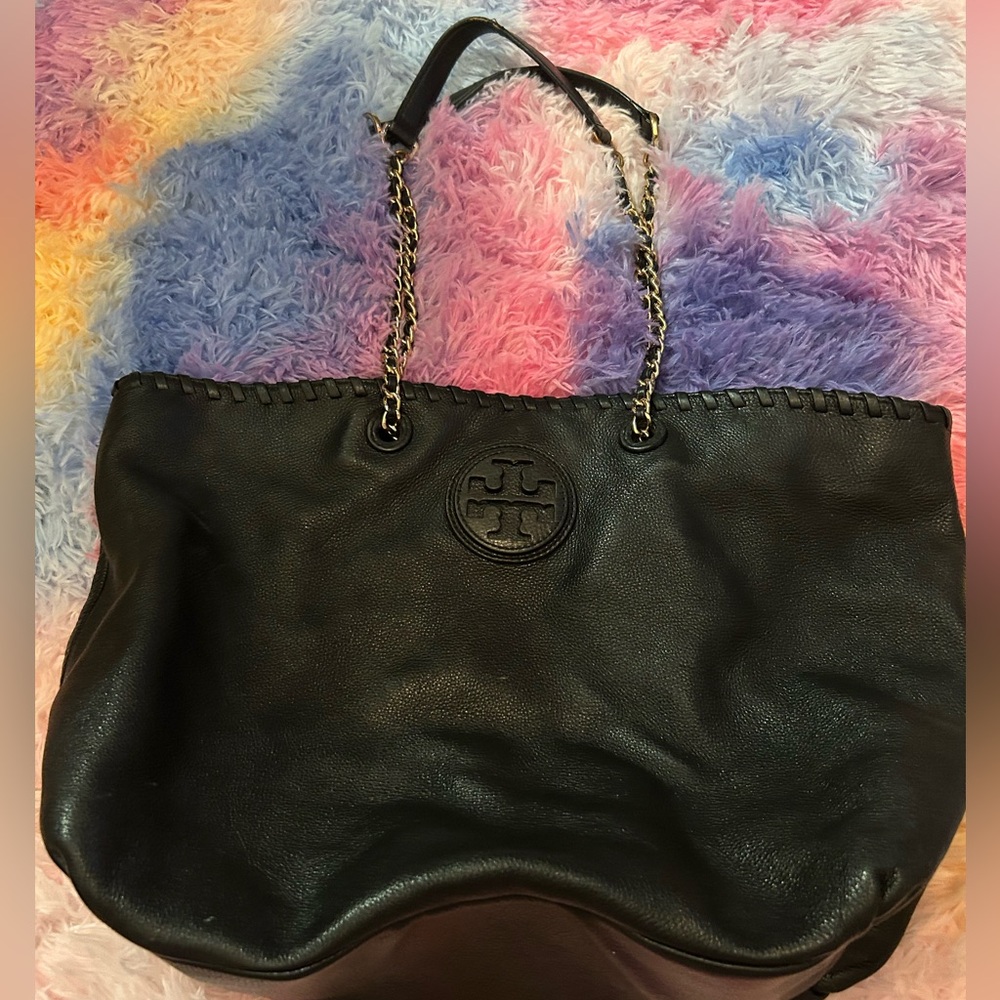 Tory Burch Marion Tote with Gold Chain Black Pebbled Leather